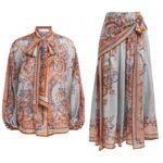 Zimmermann Aster silk Tie-Neck blouse & matching scarf midi skirt an intricate blue paisley floral print