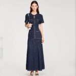 Sandro Rhinestone knit maxi dress in a shimmering navy blue textured knit