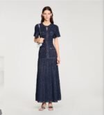 Sandro Rhinestone knit maxi dress in a shimmering navy blue textured knit