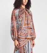Zimmermann Aster silk Tie-Neck blouse & matching scarf midi skirt an intricate blue paisley floral print - Image 3