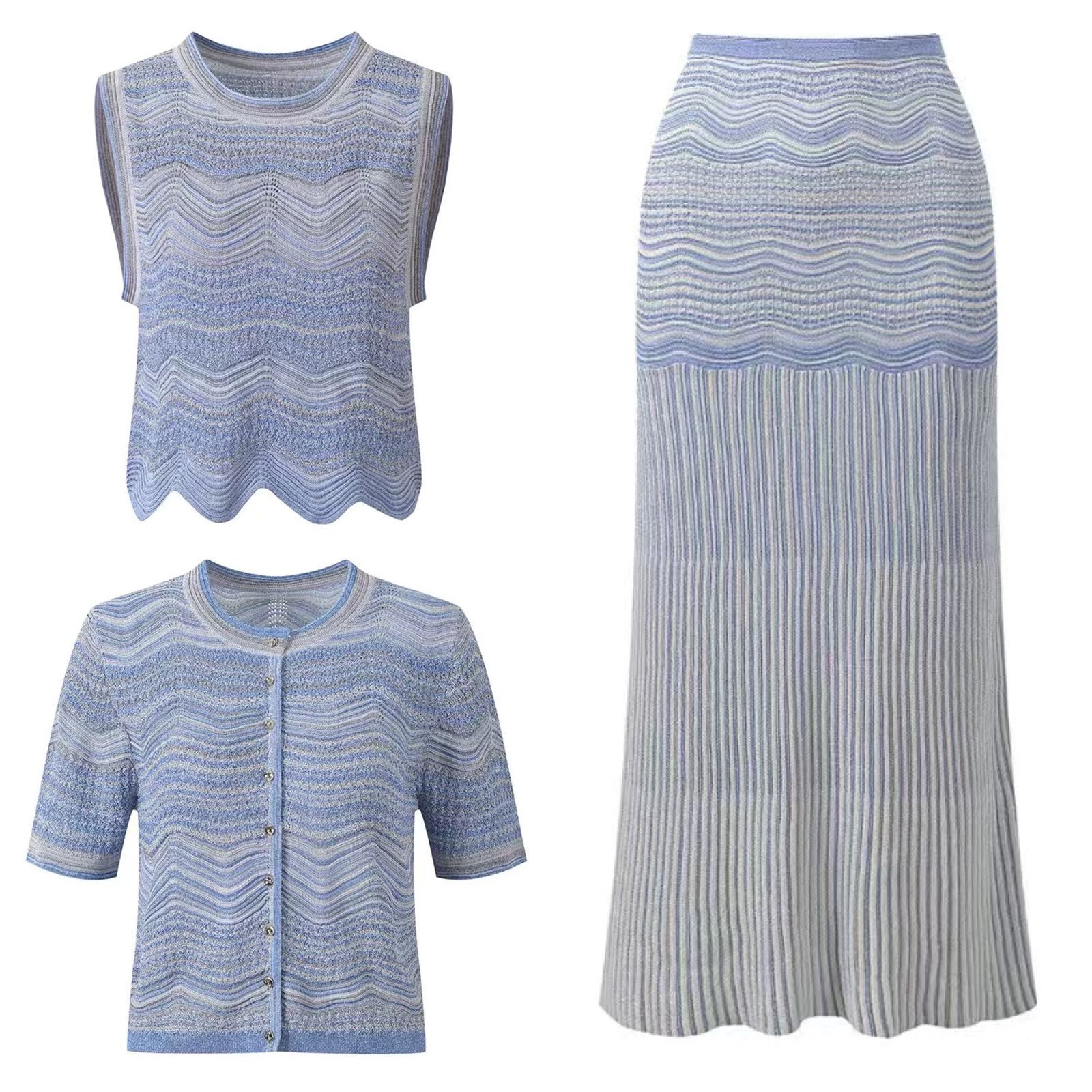 WhatsApp Image 2026-08-23 at 21.15.32 (2) Sandro Sky blue decorative knit top and cardigan set matching ombré maxi skirt - Image 1