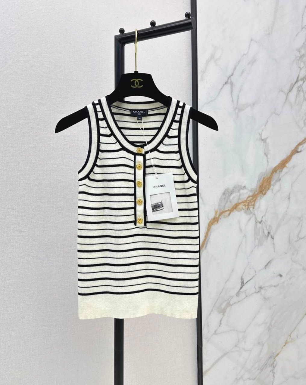 WhatsApp Image 2026-08-23 at 21.20.35 Chanel Black & White striped knit tank top prominent gold-tone CC logo Buttons down the front placket - Image 1