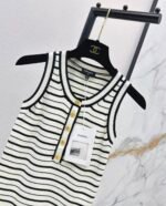Chanel Black & White striped knit tank top prominent gold-tone CC logo Buttons down the front placket - Image 3