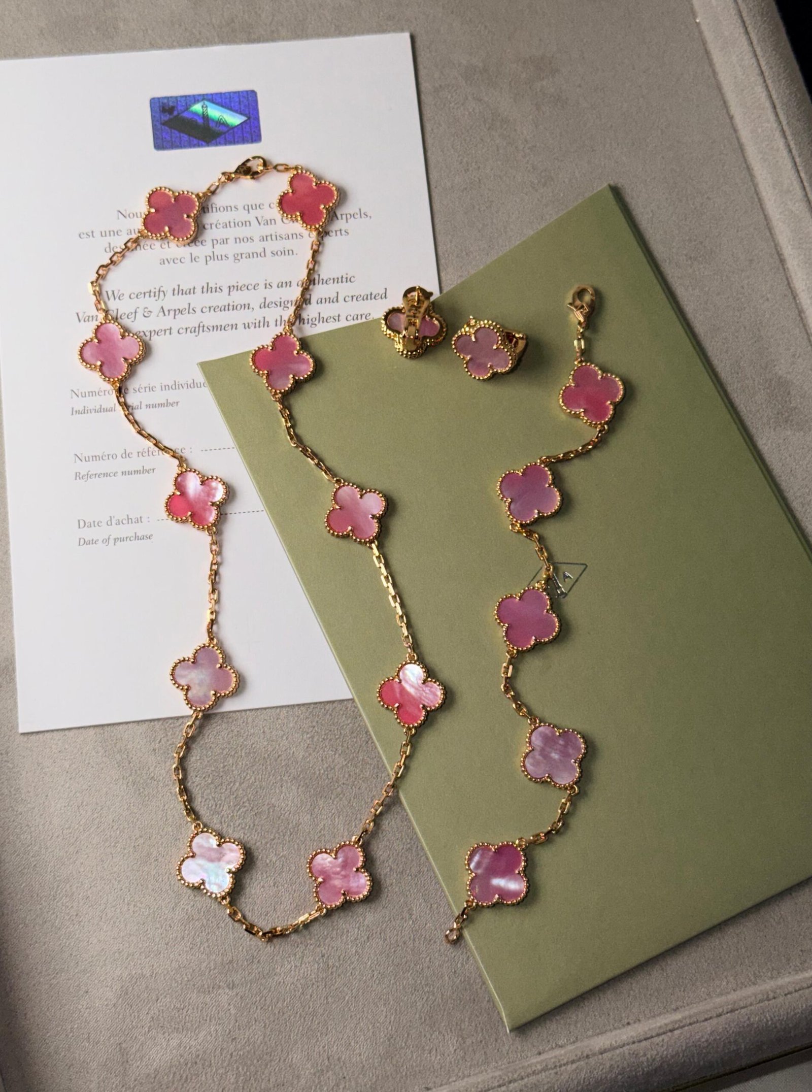 WhatsApp Image 2026-09-11 at 3.31.03 AM (1) Van Cleef & Arpels * Full Set Pink with ChmpionGold (Alhambra)* Necklace 10 Motifs , Earings 1 Motif & Bracelet 5 Motifs - Image 1
