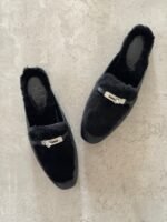 Hermès Oz Mules in Black, Crafted in tan leather with plush ecru shearling lining & a silver tone kelly buckle - Image 2