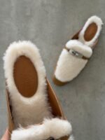 Hermès Oz Mules, Crafted in tan leather with plush ecru shearling lining & a silver tone kelly buckle - Image 4